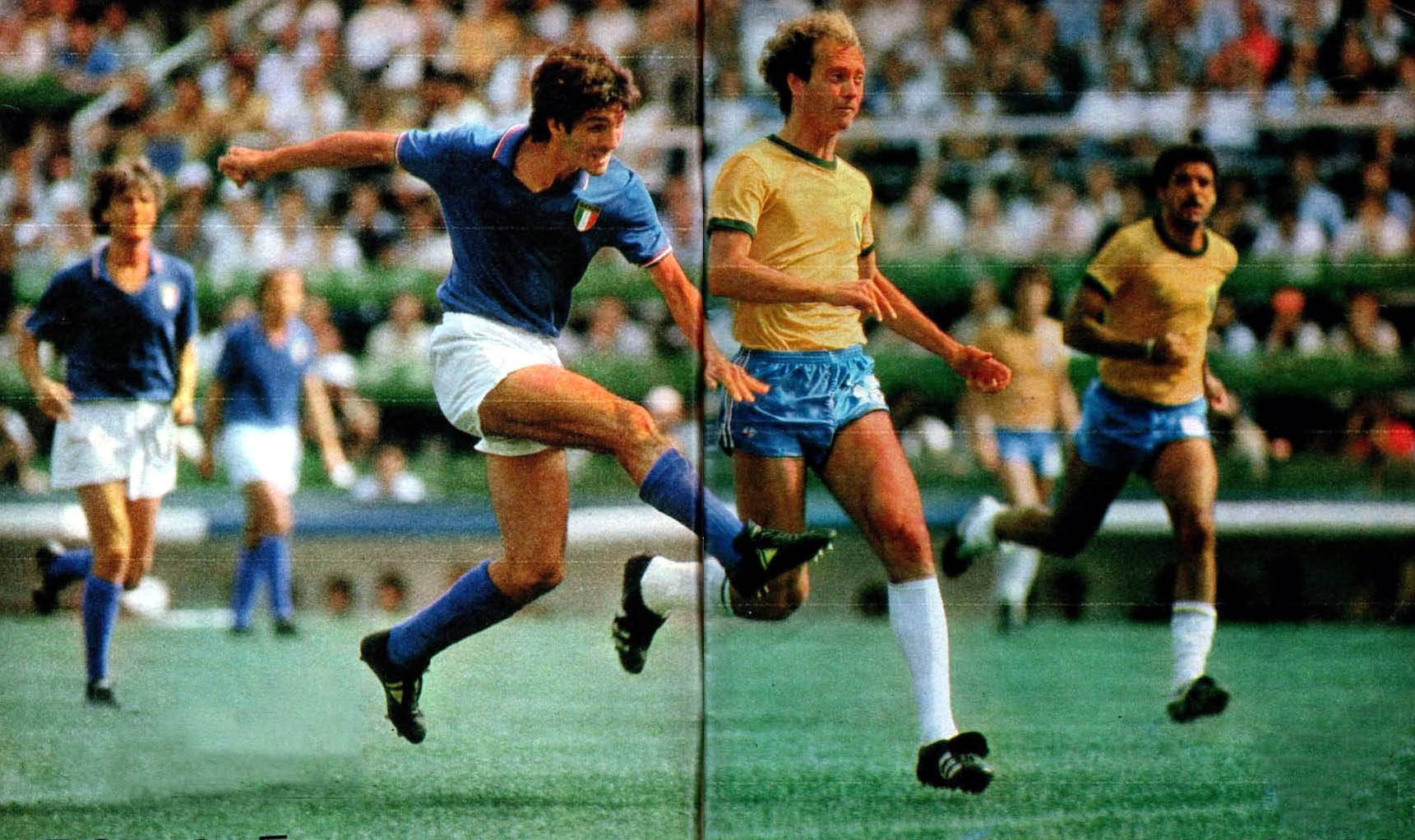 Paolo Rossi finaliza contra a defesa do Brasil no jogo entre Itália e Brasil no Estádio de Sarriá, na Copa de 1982